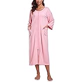 EA'S SECRET Women 100% Cotton Robes Lightweight Zipper Front 3/4 Sleeve Full Length Housecoat with Pockets Loungewear