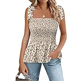 Micoson Ruffle Tank Tops for Women Summer Square Neck Sleeveless Tops Tie Shoulder Chiffon Blouse Babydoll Shirts