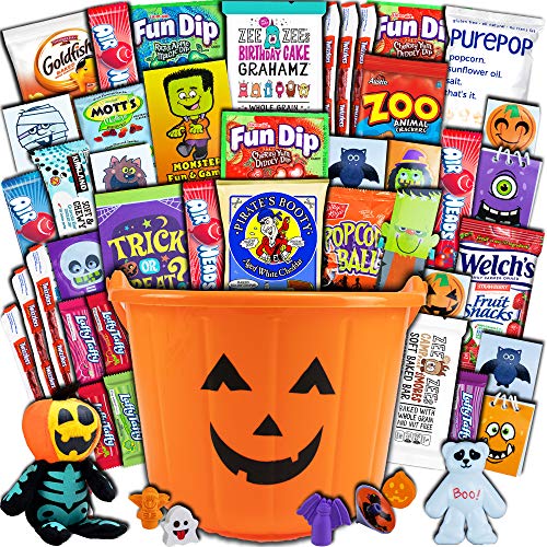 Halloween Pumpkin Bucket (45ct) Already Filled Trick or Treat Snacks Cookies Bars Candy Toys Variety Gift Pack Assortment Basket Bundle Mixed Bulk Sampler for Children Kids Boys Girls College Students