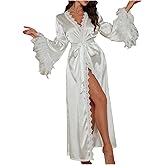 OYOANGLE Women's Satin Robe Long Sleeve Backless Lace Trim Belted Bathrobes for Wedding Party Getting Ready