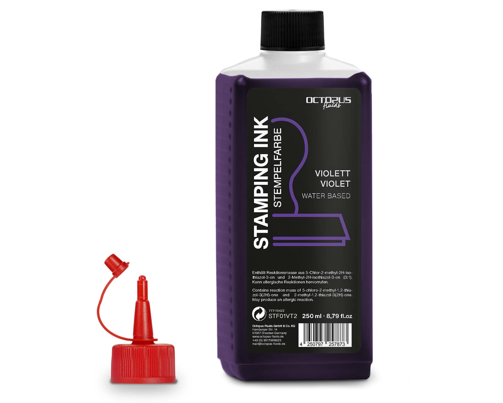 Octopus Fluids stamping ink, refillable ink for inking stamp pads and automatic stamping machines, 250ml stamping ink, purple without oil