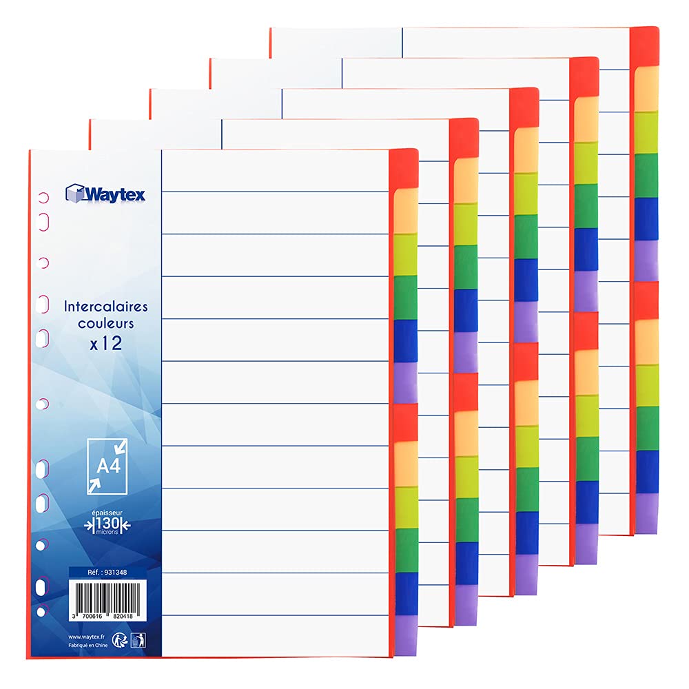 WAYTEX 931348C5 A4 12 Tabs Polypropylene Dividers Bright Colours with Index (Pack of 5)