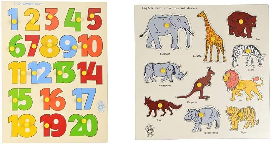 Skillofun 1-20 Number Shape Tray with Knobs, Multi Color & Kingsize Identification Tray Wild Animals with Knobs, Multi Color