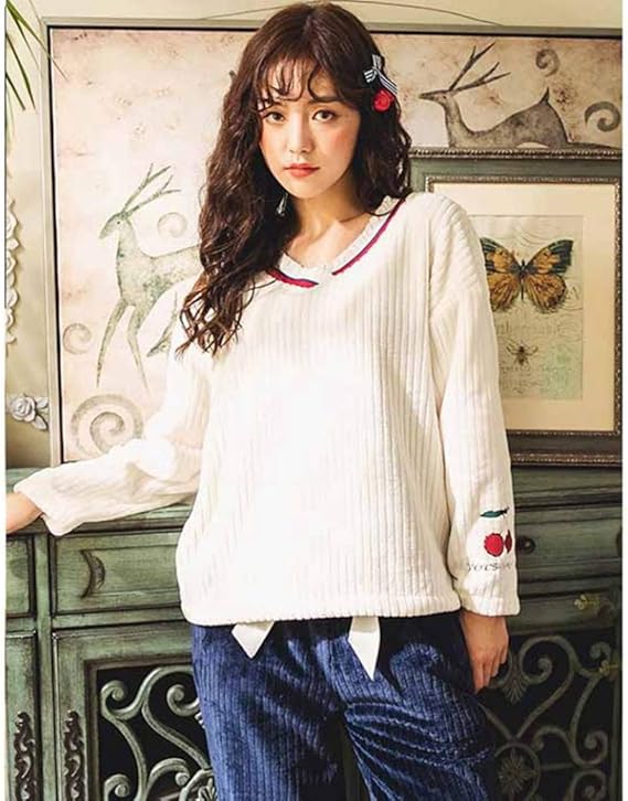 Amazon パジャマ レディース 秋冬 長袖 チェリー柄 レース おそろい 部屋着 スイート フランネル 厚手 裏起毛 韓国 上下セット かわいい おしゃれ 柔らか もこもこ ふわもこ 暖かい ルームウェア 便利服 パジャマ ルームウェアセット 通販