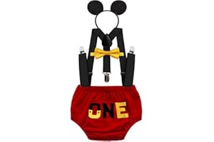 IZKIZF Baby Shower Costume 1st Birthday Cake Smash Photo Prop Outfits Bow Tie Suspender Bloomers Headband 4PCS Clothing Set