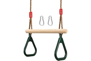 PELLOR Playground Children's Wooden Trapeze Swing Bar with Plastic Gym Rings Swing Set for Indoor & Outdoor Fun