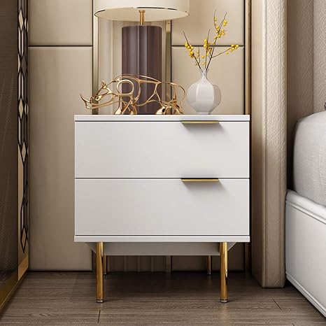 Mesita de Noche de Madera Blanca con cajones, mesita de Metal Negra