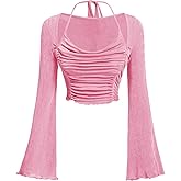 Floerns Women's Y2k Flare Sleeve T Shirts Halter Neck Ruched Going Out Crop Tops