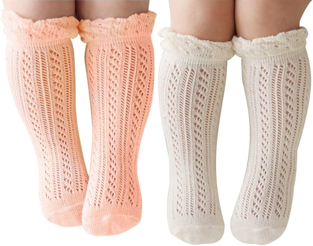 Baby Girls Knee High Socks Hollow Out Anti-skid Knitting Stockings Suitable for 0-2 Years Infants Toddlers