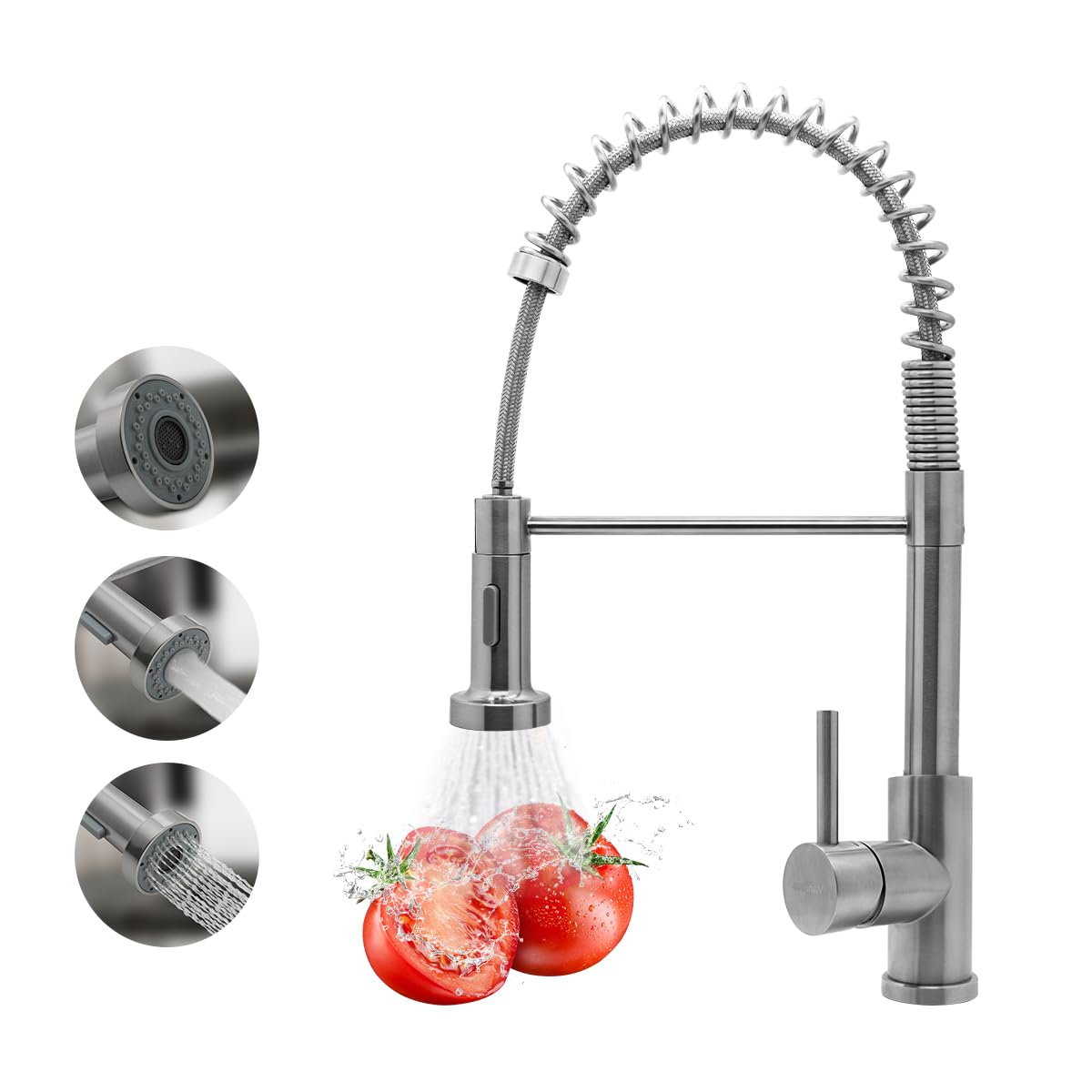 VANCOCO Kitchen Sink Mixer Tap 1 Hole, Spring Single Kitchen Tap with 360° Swivel Pull Out Sprayer 2 Modes, High Arch Bar Faucet for Cold and Hot Water