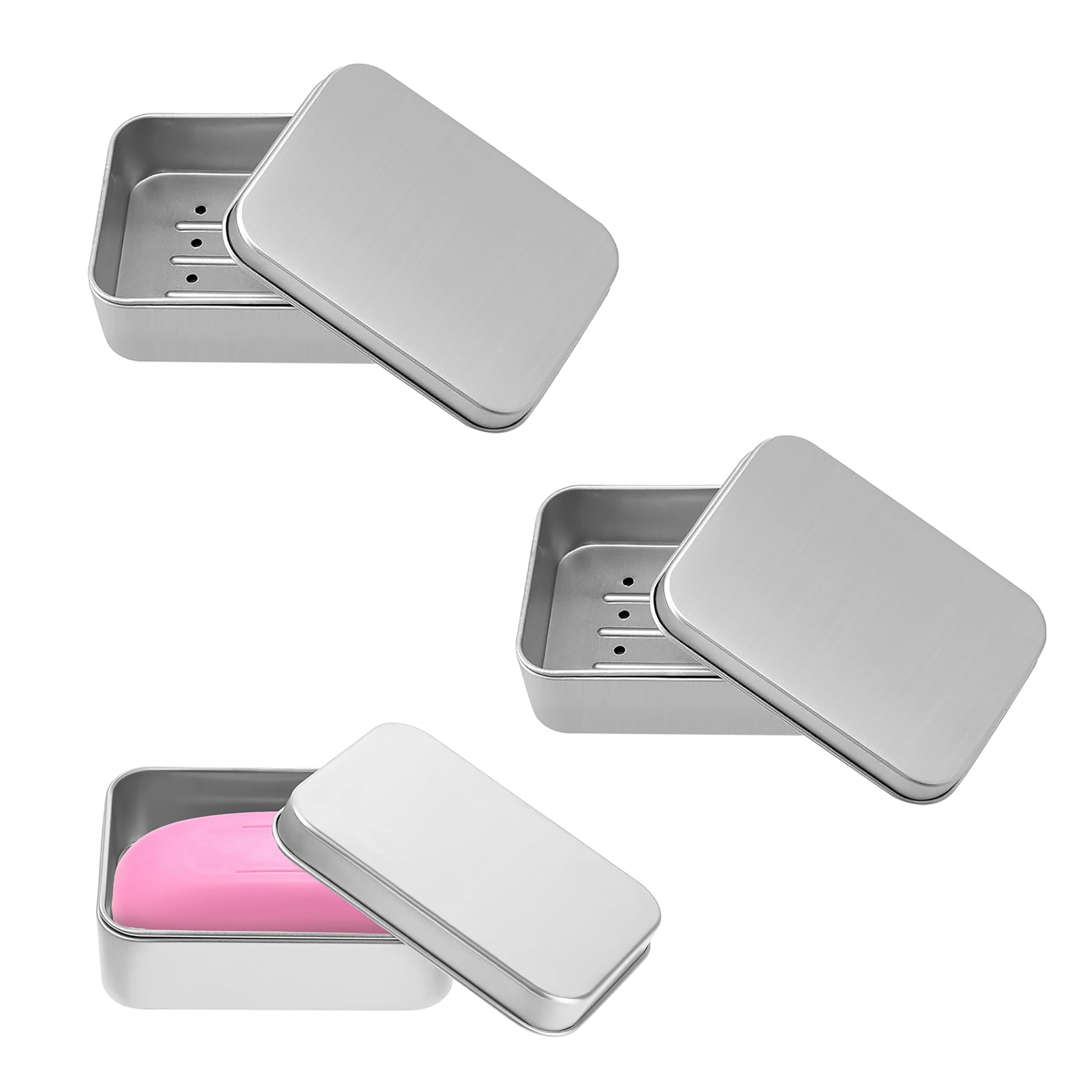Soap Tin, 3 Pcs Soap Tins Made of Aluminum 9.6×6.8×3cm, Aluminum Soap Dish Holder, Portable Soap Box With Removable Draining And Lid for Travelling Dormitory Home Gym Bathroom (Silvery)