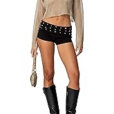 Cusghjbsg Women Y2K Rivet Studded Mini Shorts Girl Fold Over Low Waist Skinny Micro Shorts Retro Punk Bottoms Club Streetwear