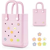 Mini Rubber Tote Bag for Little Girls & Women, X-Small Waterproof EVA Beach Bag with 7 Cute Charms