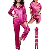 WJing Yi Jia Womens 5Pcs Silk Pajamas Set XS-2XL Satin Pajama Sets Silky Sleepwear Pjs Loungewear Button Down Pj Nightwear