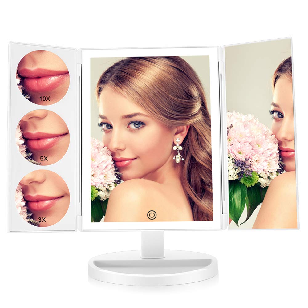 Home & Kitchen White Double Power Supply Light Up Mirror Trifold Vanity