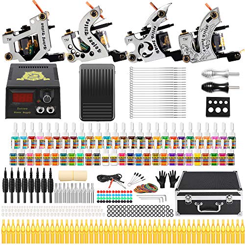 Solong Tattoo Complete Starter Beginner Tattoo Kit 4 Pro Machine Guns 54 Inks Power Supply Foot Pedal Needles Grips Tips TK459