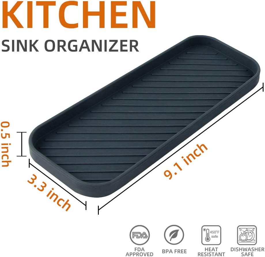 webake Kitchen Caddy Sink Tidy Organiser Silicone 2 Pcs Kitchen Sink Tray Sponge Holder for Dish Sponge Soap Dispenser, Scrubber, Black - Image 4