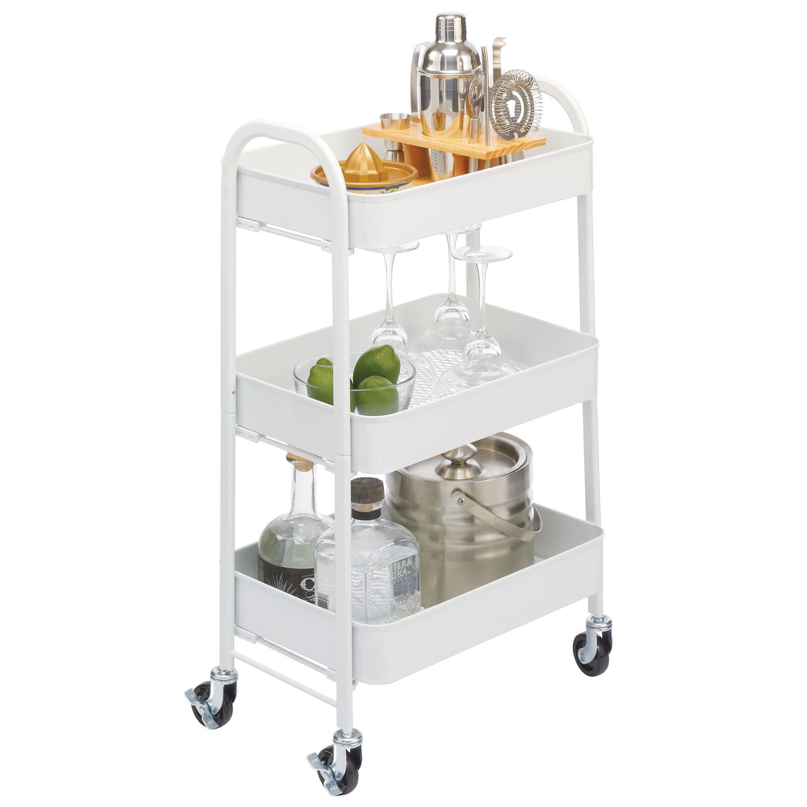 mDesign 3-Tier Storage Trolley Portable Storage Unit with 3 Shelves and Caster Wheels Rolling standing Shelves for Household Items Matte White