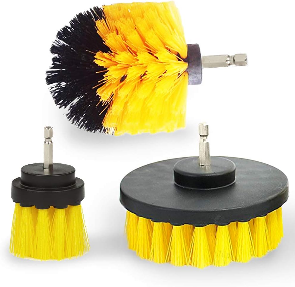 Vila Drill Brush Set, Yellow, Durable Synthetic Fiber, Attaches to Any Drill, Effectively Removes Stains, Great for Tubs, Shower Pans, Floor Tiles, Glass Stove Tops, 3-Pack