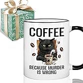 Puouoonyi Funny Adult Humor Coffee Mug Gifts for Friend, Funny Birthday Christmas Black Cat Gift Mug for Women Men Coworkers Boss Him Her Girls, Coffee Because Murder is Wrong 11oz