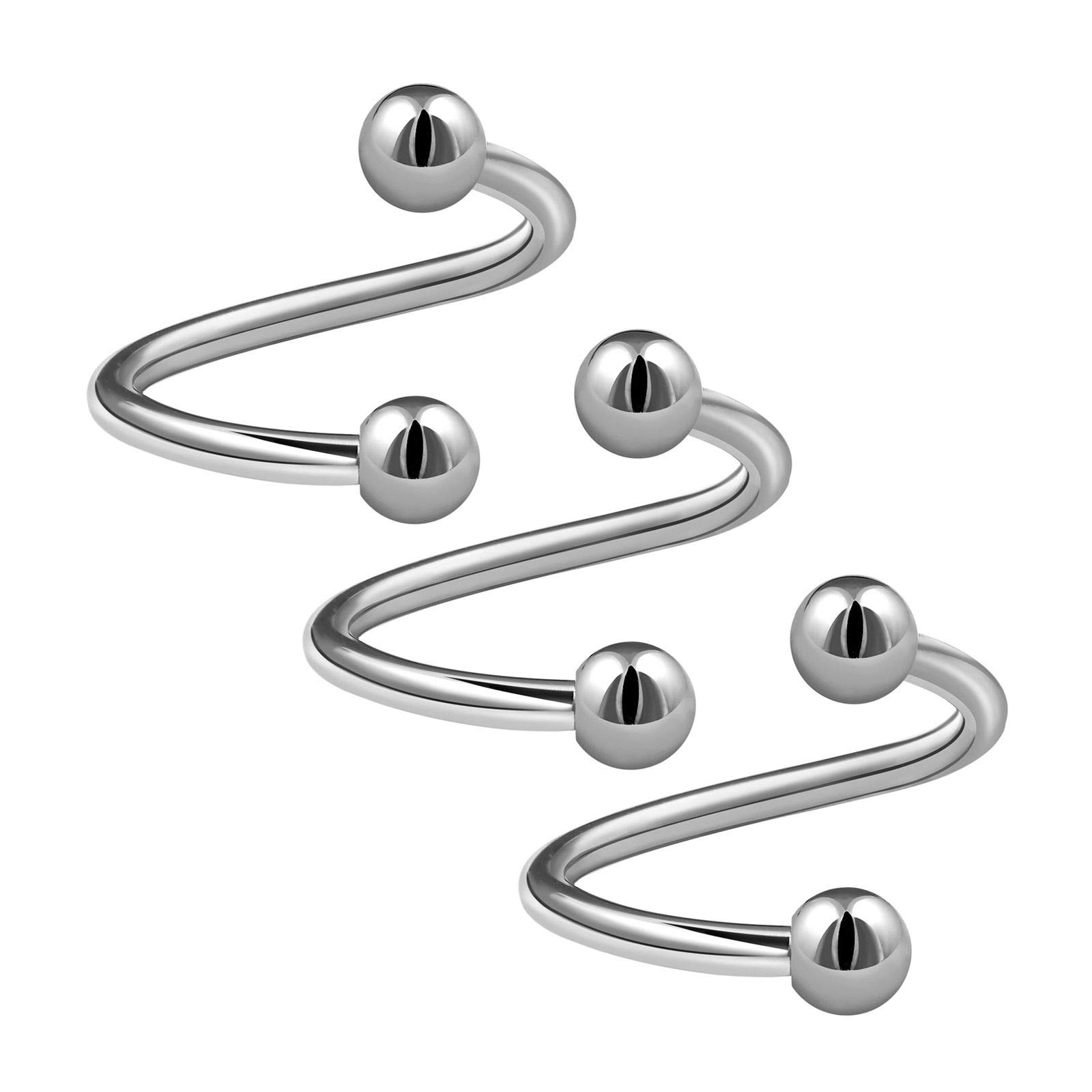 KJM FASHION 3PCS Surgical Steel Spiral Barbell 16 gauge 5/16 8mm 3mm Ball Helix Labret Tragus Earrings Cartilage Piercing Jewellery 0704