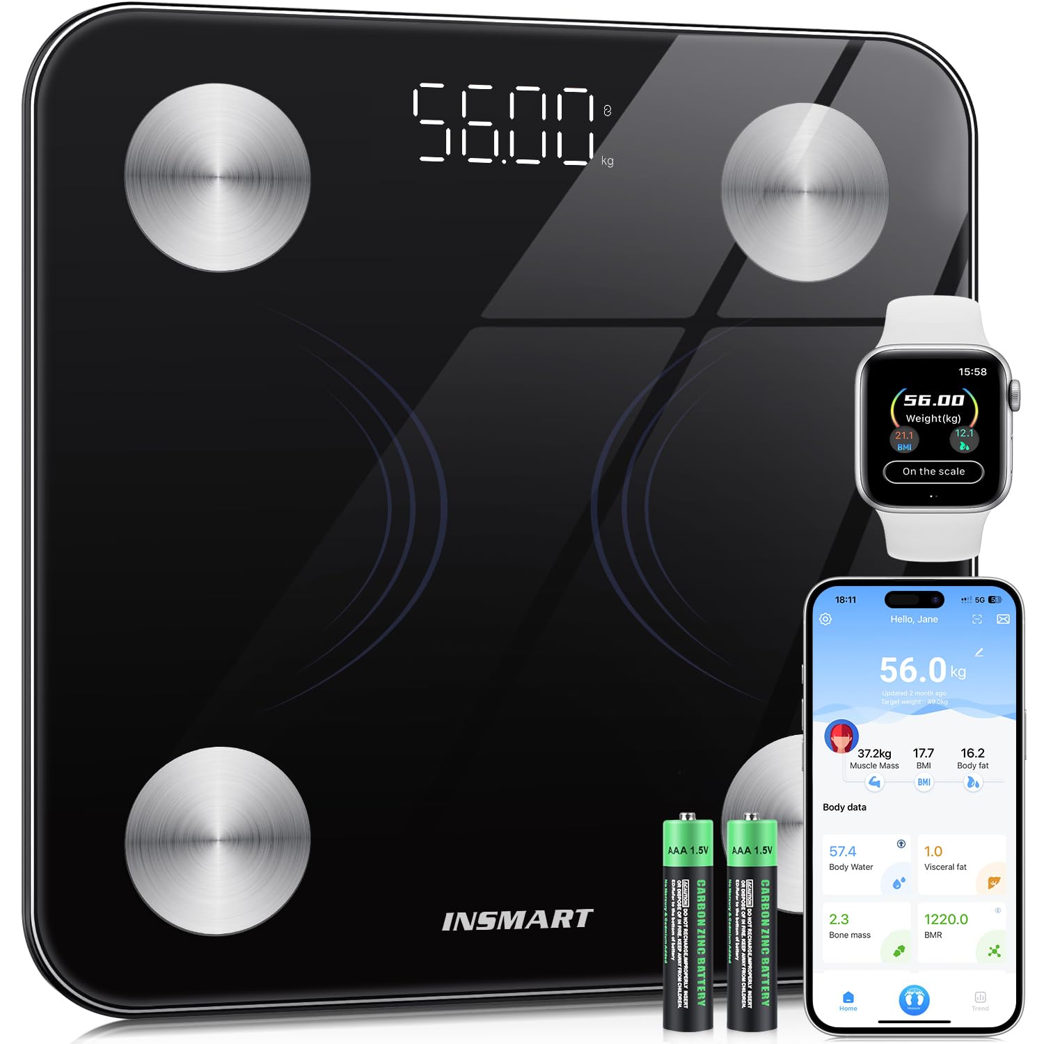 INSMART Bathroom Weighing Scales For Body Weight, Smart Digital Bluetooth Body Fat Scale Machine for Body Composition Analyzer with APP for Fitness Accurate Bmi Health Electronic (ST:LB/LB/KG)