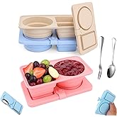 DJBNT 3 Pack Silicone Reusable Snack Containers with Lids, Collapsible Dual-Compartment Non-Plastic Portable Mini Food Storage Container with Snap-Lock Lids & Included Spoon and Fork (Pack of 3)