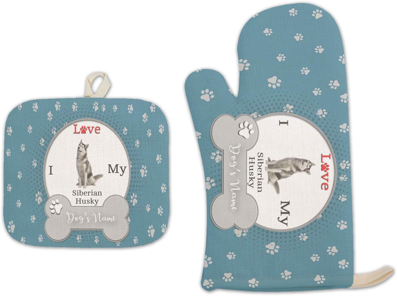 Bleu Reign BRGiftShop Personalized Custom Name I Love My Dog Siberian Husky Linen Oven Mitt and Potholder Set