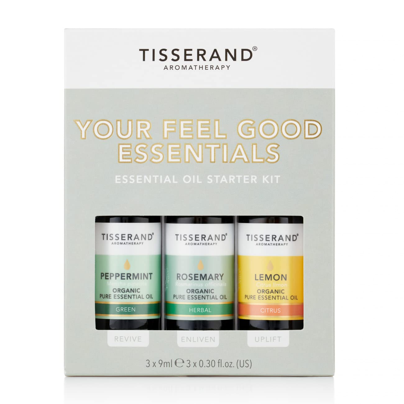 Tisserand - Your Feel Good Essentials Kit - Peppermint, Rosemary, and Lemon Essential Oils - Massage, Bath, Inhalation, Skin and Diffuser Essential Oils - 9 ml Bottles
