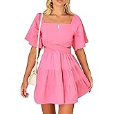 Shy Velvet Women's Summer Dress Square Neck Short Sleeves Crossover Waist Casual Party Mini Dress