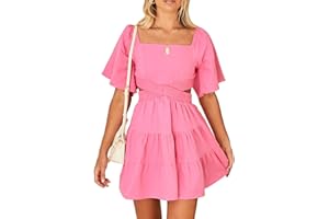 Shy Velvet Women's Summer Dress Square Neck Short Sleeves Crossover Waist Casual Party Mini Dress