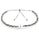 CRYSTALIS Natural Golden Pyrite Beads Slider Bracelet with Elegant Pearl, High Grade Beaded Crystals, Chakra Healing Gemstone, Gift Giving Women Jewelry, 925 Sterling Silver Slider 10 inch