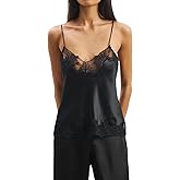Lace Trim Satin Cami Tops for Women Solid Color V Neck Camisole Going Out Spaghetti Straps Sleeveless Tank Top