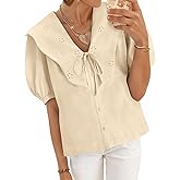 Cicy Bell Womens Peter Pan Collar Button Down Shirts Puff Short Sleeve Summer Casual Eyelet Tops Cotton Loose Fit Blouses
