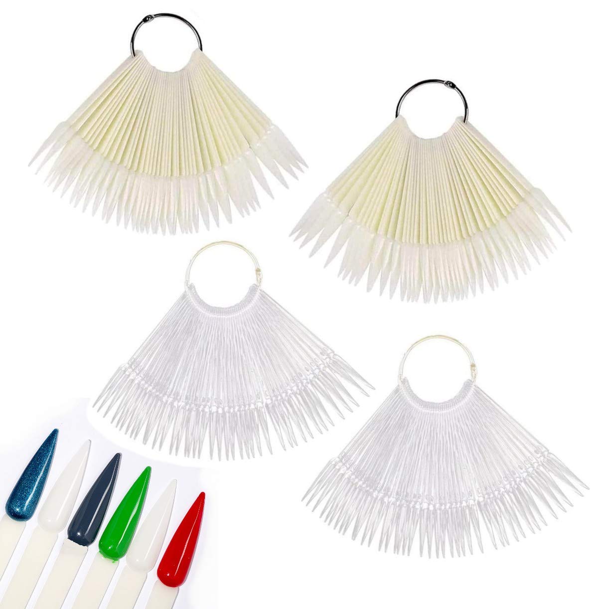 JZK 200 x Natural and clear false stiletto nail art tips colour display fan, stiletto nail swatch sticks with ring for nail art practice and swatching nail polish