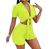 BARASA Women's 2 Piece Outfit V Neck Tie Front Short Sleeve Crop Top with High Waist Shorts Casual Athletic Workout Set DSD42