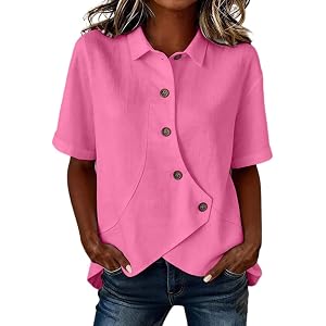 Linen Shirts for Women Asymmetrical Short Sleeve Collared Tops Cotton Button Down Casual Loose Summer Blouses