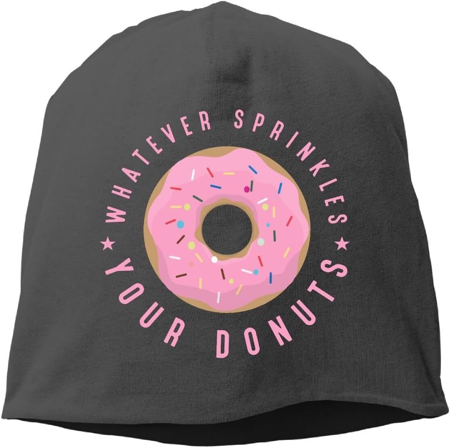 Rdiep Whatever Sprinkles Your Donuts Unisex Stretch Beanie Skull Cap Knit Hat for Men Women Black Winter Hat