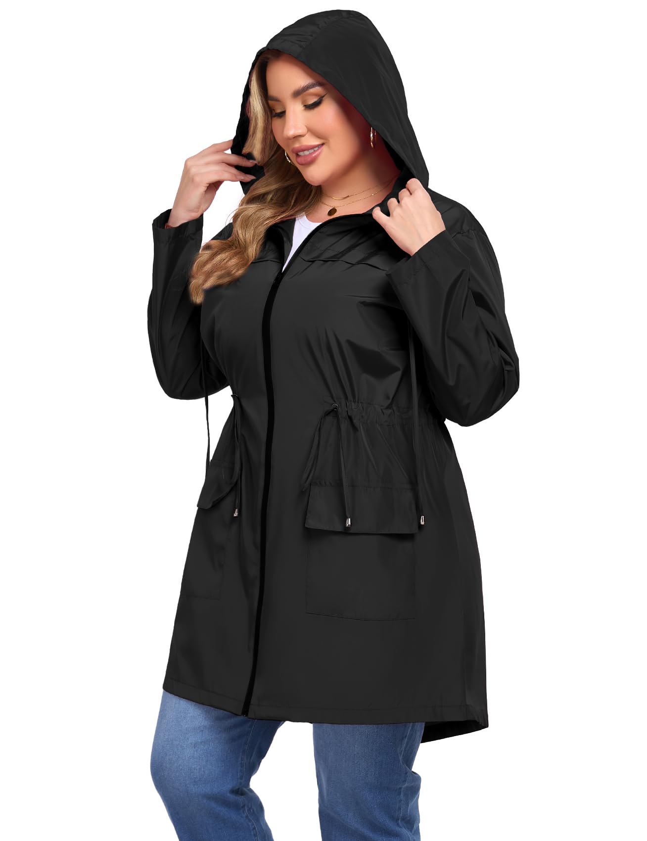 Photo 1 of ZOMVA 2025 Plus Size Rain Jacket Coat Long Lightweight Raincoat with Hood Windbreaker Waterproof Jackets with Pockets, Black, 5X