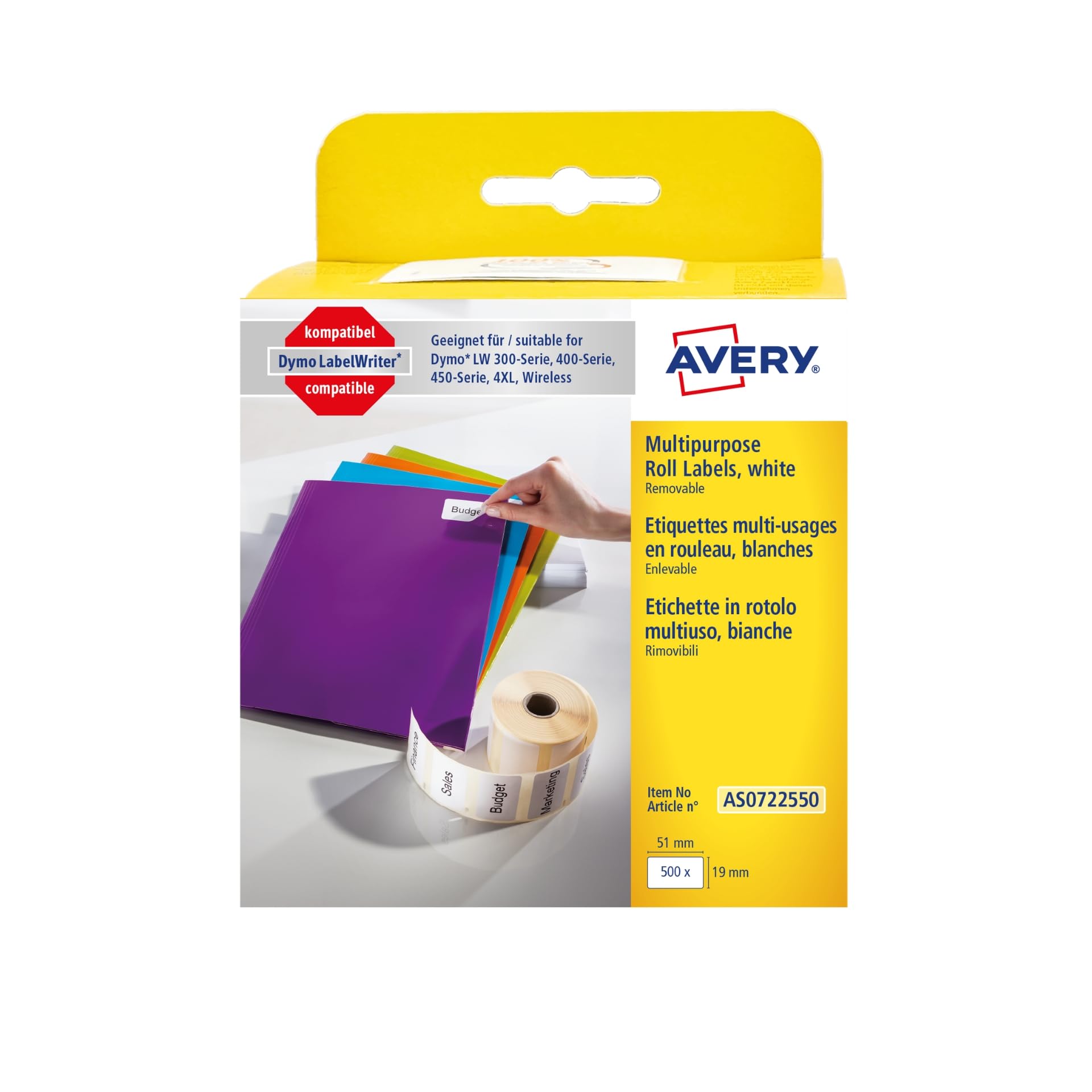 Avery Zweckform AS0722550 1 Roll Labels 19 x 51 mm /500 Labels White, compatiable with 0722550