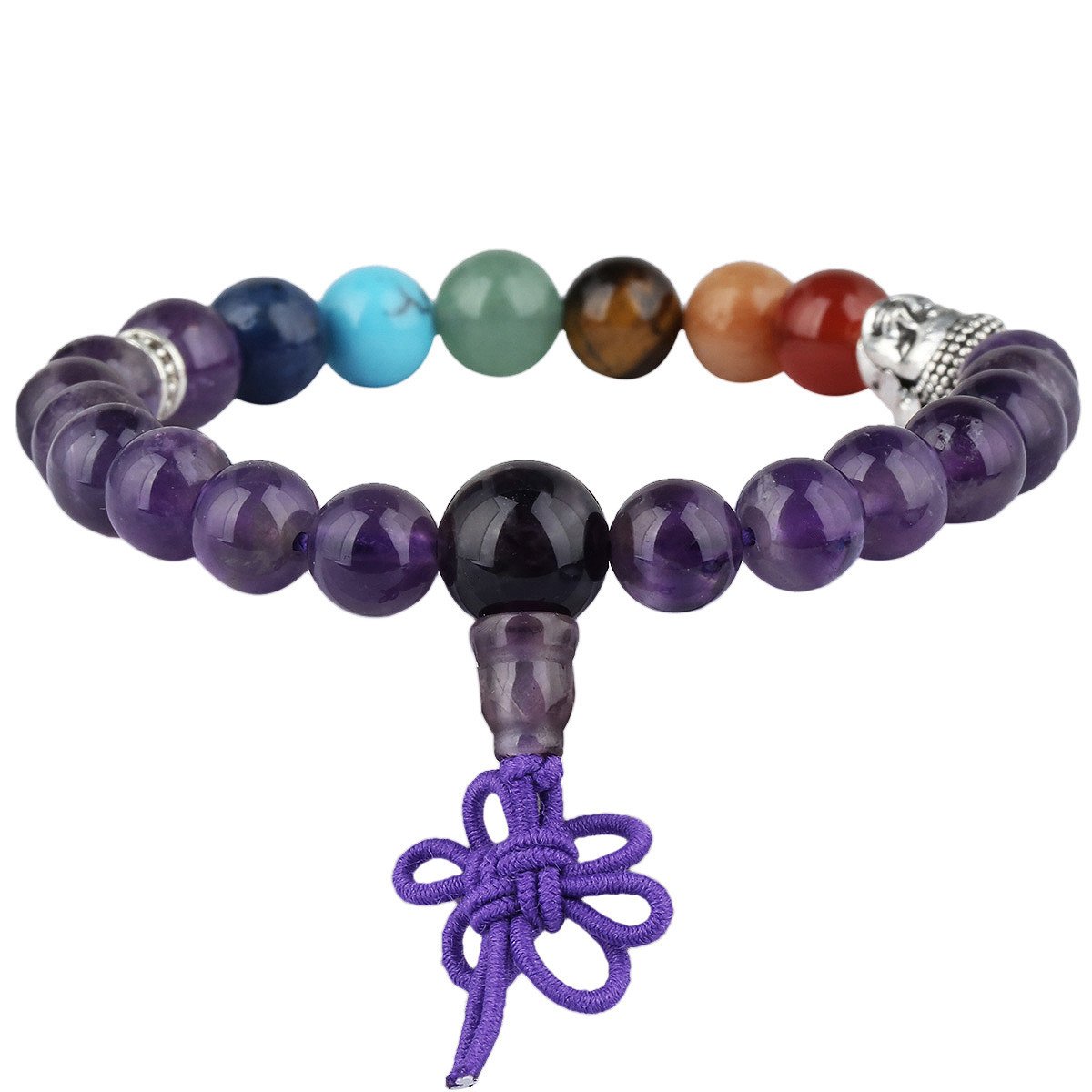 KYEYGWO Mala Prayer Beads Bracelet for Woman, 7 Chakras Crystal Stone Round Beads Stretch Bracelets, Amethyst
