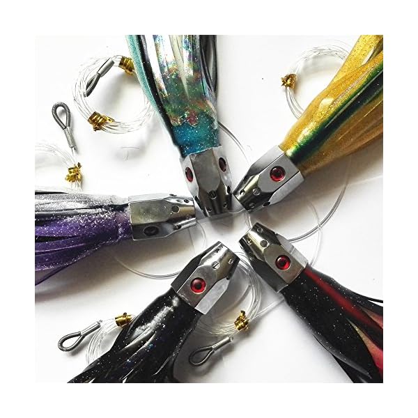 Krazywolf-9-Heavy-Hex-Big-Game-Fishing-Skirted-Jet-Head-Trolling-Lures-Rigged-Hooks5PcsBag8-OuncePc