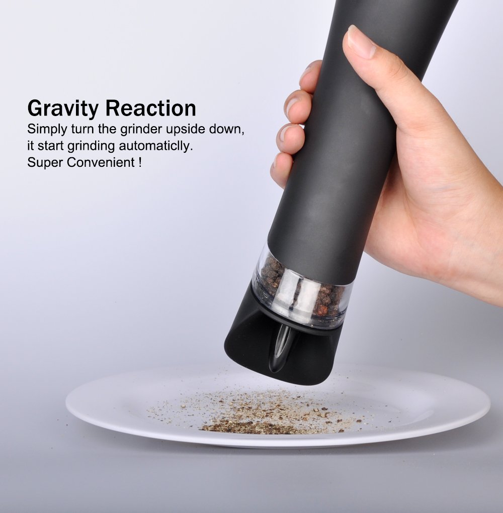Vina Electric Gravity Salt Pepper Grinder Set, Adjustable Grinding Coarseness Automatic Shaker Mills with Ceramic Core, Free Garlic Roller Included, Pack of 2, Black