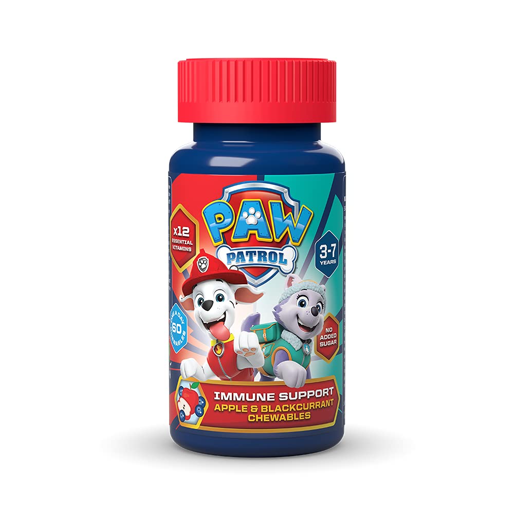 PAW Patrol Immune Support, 60 Apple & Blackcurrant Chewables with 12 Essential Vitamins, Vegan, No Added Sugar, for 3-7 Year olds