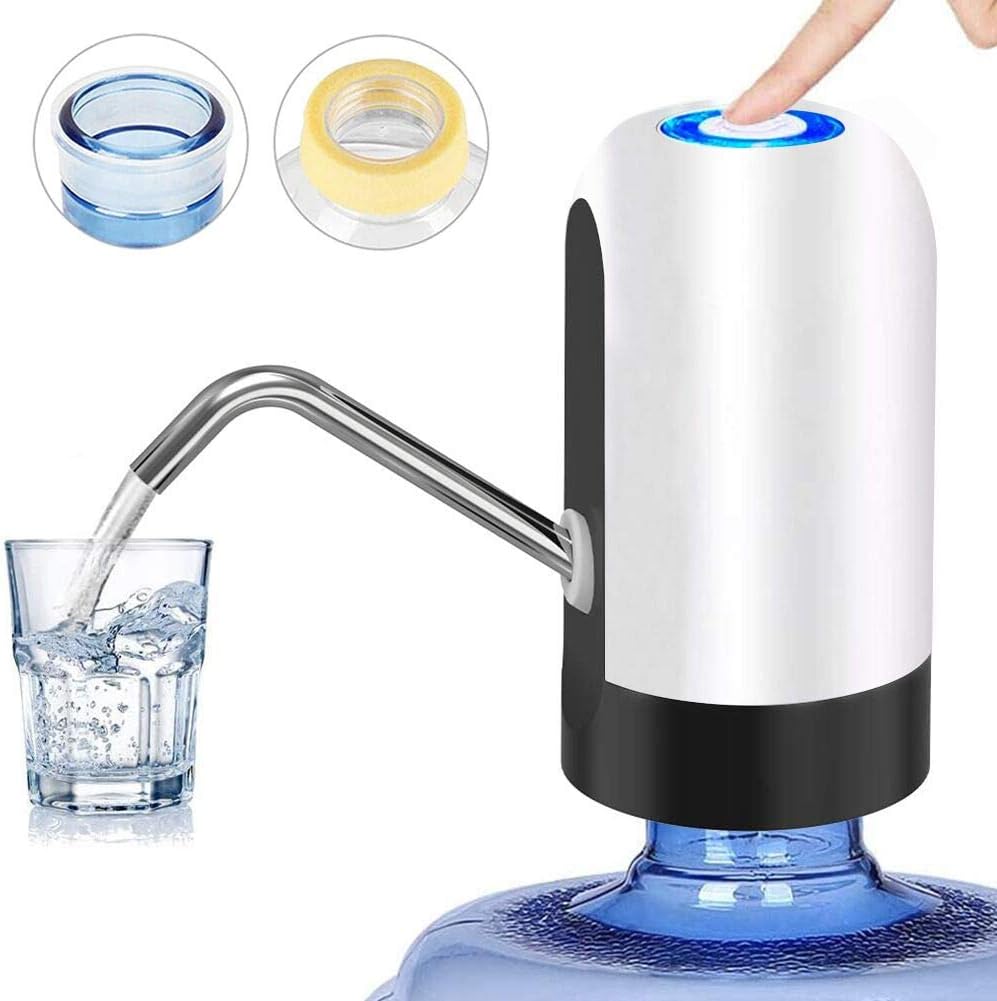 Water Bottle Pump 5 Gallon, CHIVENIDO Electric Drinking Water Pump for 48mm Screw and 55mm Crown Tops Water Jug Dispenser Smart USB Rechargeable Bottle Water Pump for Home Kitchen Office (White1) - - 