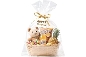 NUITPY 40 Pcs Cellophane Bags, 16 x 24 Inchs Cellophane Wrap for Gift Baskets, Durable Cellophane Gift Bag, Clear Basket Bag - Complimentary 40 Pcs Golden Twist Ties