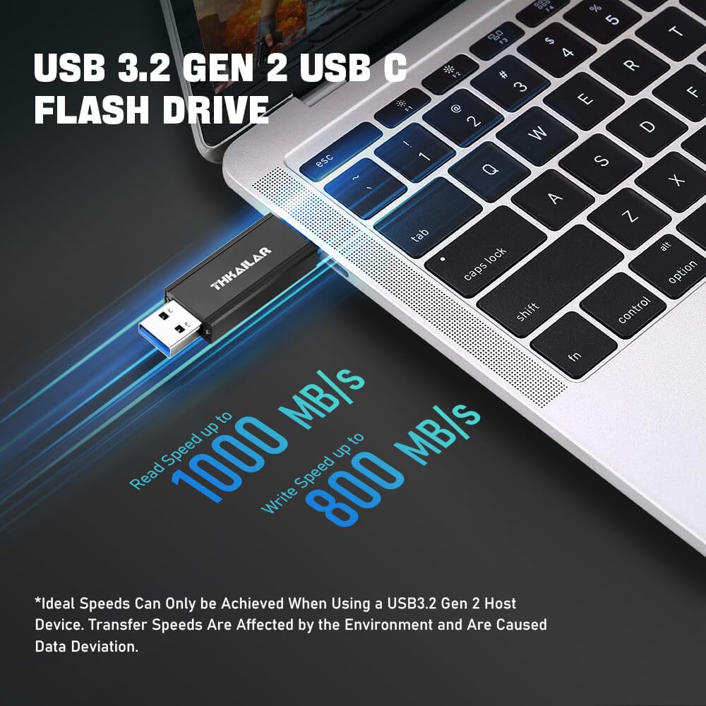 THKAILAR 1TB USB C Flash Drive Type-C&Type-A,USB 3.2 Gen 2 Portable SSD up to 1000MB/s,Thumb Drive for iPhone 15/16 Series/Mac/PC/Android,Zinc Alloy Solid State Drive for High-Speed Data Storage