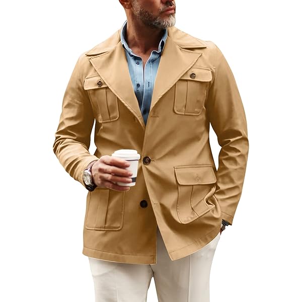 Qolkmuiy-GJ Men's Single Breasted Belted Trench Multi-Pocket Mid