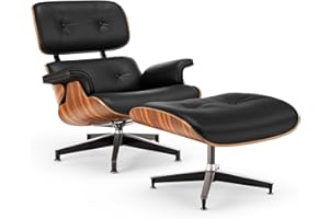 WOWT Top Black PU Leather, Mid Century Chaise Lounge Chair and Ottoman, Modern Chair Classic Design, Palisander Wood, Heavy Duty Base Support for Living Room Office