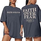 BANGELY Faith Over Fear Shirt Women Graphic Shirts Oversized Workout Gym Christian Religious Tees Drop Shoulder Tee Tops